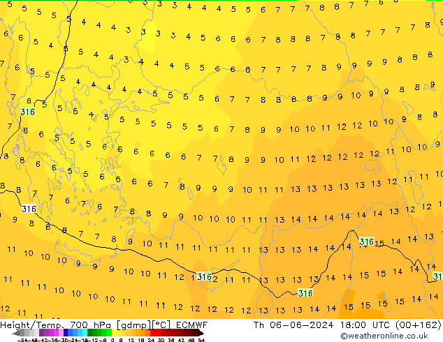 Height/Temp. 700 гПа ECMWF чт 06.06.2024 18 UTC