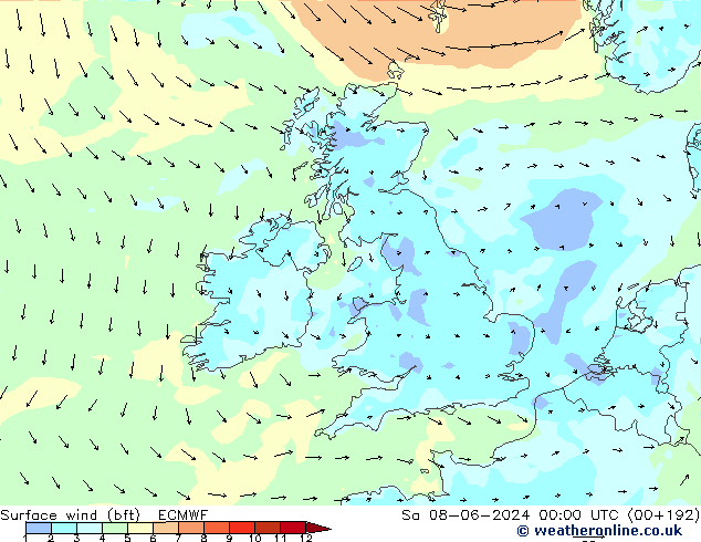 Surface wind (bft) ECMWF Sa 08.06.2024 00 UTC