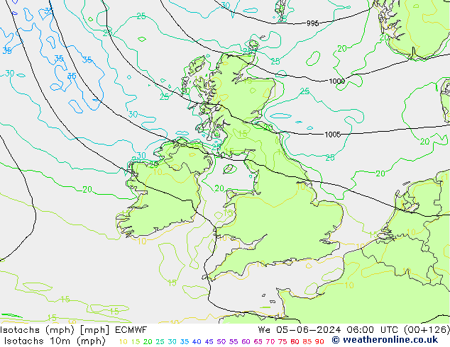 Isotachen (mph) ECMWF wo 05.06.2024 06 UTC