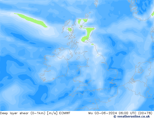 Deep layer shear (0-1km) ECMWF пн 03.06.2024 06 UTC