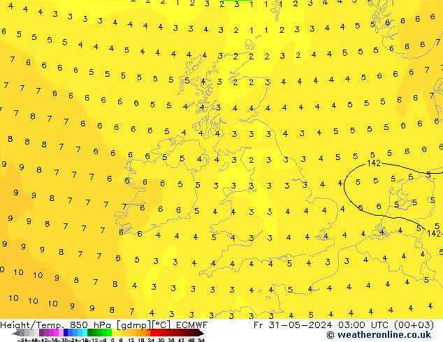 Géop./Temp. 850 hPa ECMWF ven 31.05.2024 03 UTC