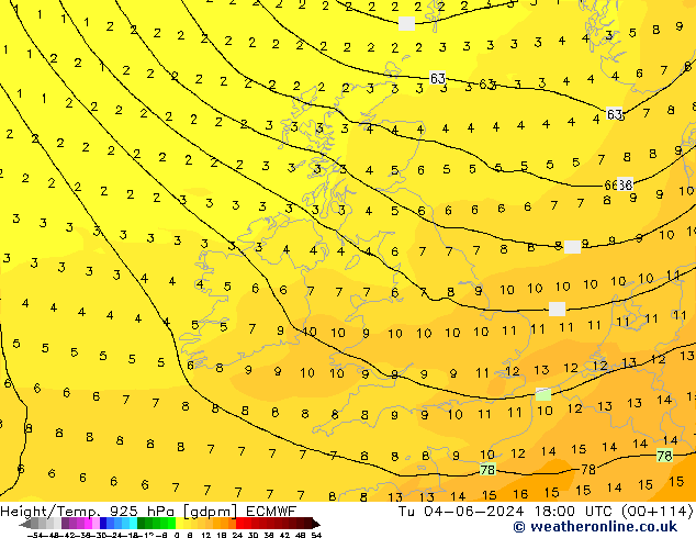 Height/Temp. 925 hPa ECMWF Tu 04.06.2024 18 UTC