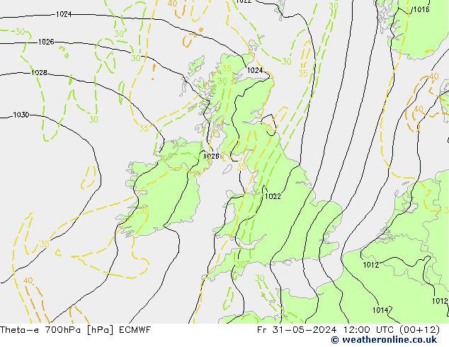 Theta-e 700hPa ECMWF Fr 31.05.2024 12 UTC