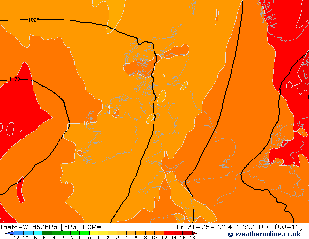 Theta-W 850hPa ECMWF Pá 31.05.2024 12 UTC