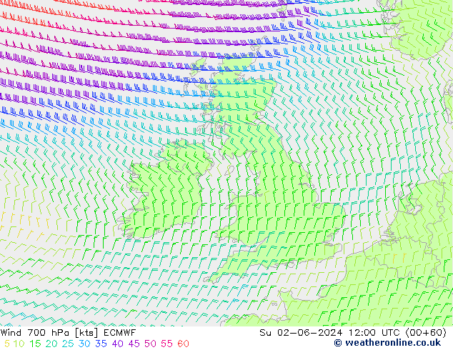 Wind 700 hPa ECMWF So 02.06.2024 12 UTC