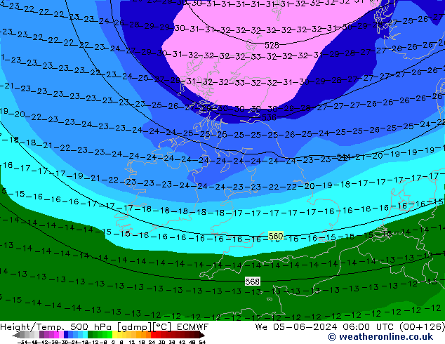 Height/Temp. 500 hPa ECMWF śro. 05.06.2024 06 UTC