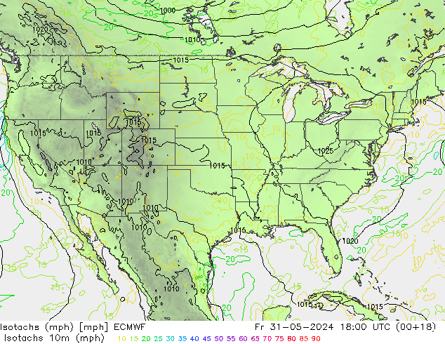 Isotaca (mph) ECMWF vie 31.05.2024 18 UTC