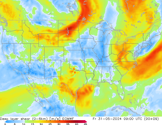 Deep layer shear (0-6km) ECMWF Fr 31.05.2024 09 UTC