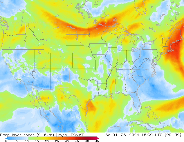 Deep layer shear (0-6km) ECMWF sáb 01.06.2024 15 UTC