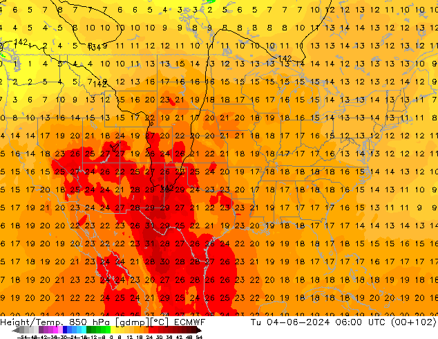 Geop./Temp. 850 hPa ECMWF mar 04.06.2024 06 UTC