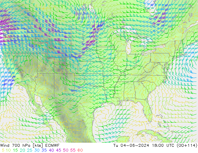 Wind 700 hPa ECMWF Út 04.06.2024 18 UTC