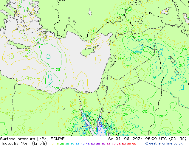 Isotachs (kph) ECMWF сб 01.06.2024 06 UTC