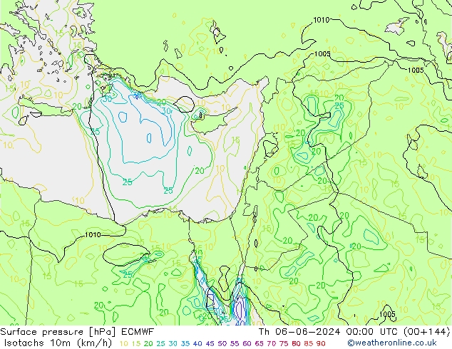 Isotachs (kph) ECMWF Qui 06.06.2024 00 UTC