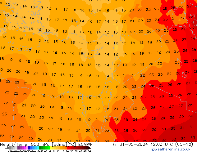 Géop./Temp. 850 hPa ECMWF ven 31.05.2024 12 UTC