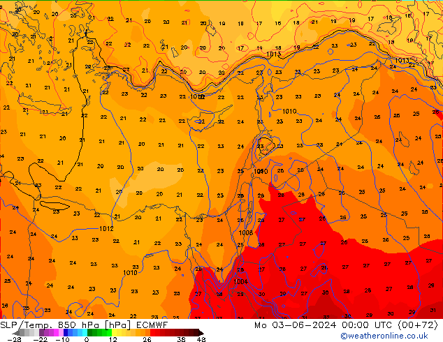 SLP/Temp. 850 hPa ECMWF Mo 03.06.2024 00 UTC