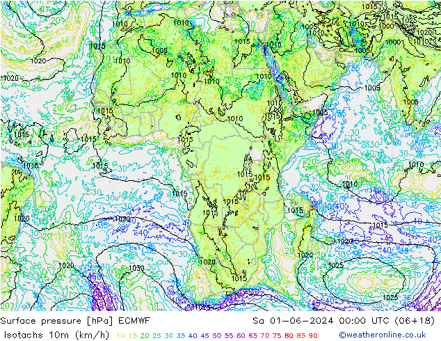 Isotachs (kph) ECMWF сб 01.06.2024 00 UTC