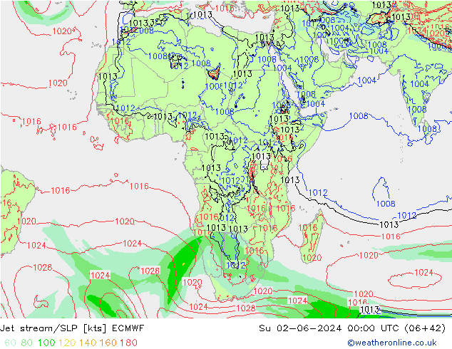 Straalstroom/SLP ECMWF zo 02.06.2024 00 UTC