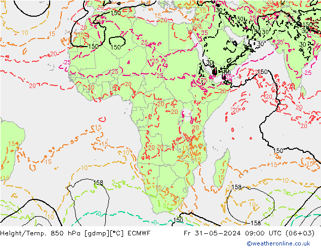 Geop./Temp. 850 hPa ECMWF vie 31.05.2024 09 UTC