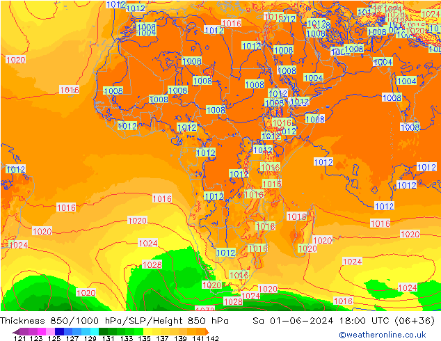 Thck 850-1000 гПа ECMWF сб 01.06.2024 18 UTC