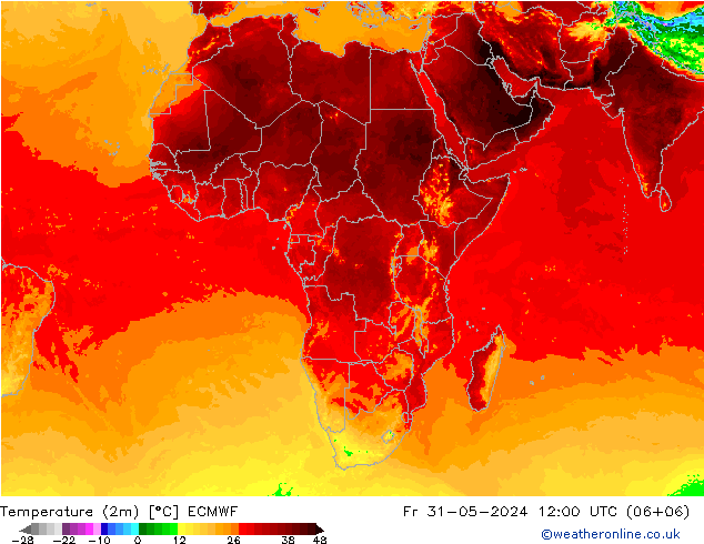 Temperatuurkaart (2m) ECMWF vr 31.05.2024 12 UTC