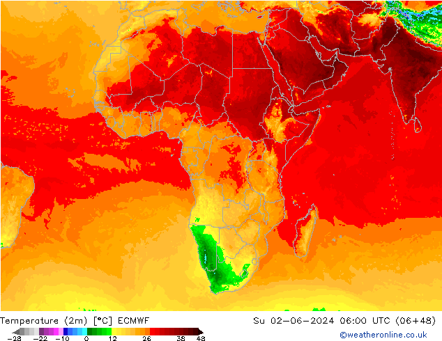 Sıcaklık Haritası (2m) ECMWF Paz 02.06.2024 06 UTC