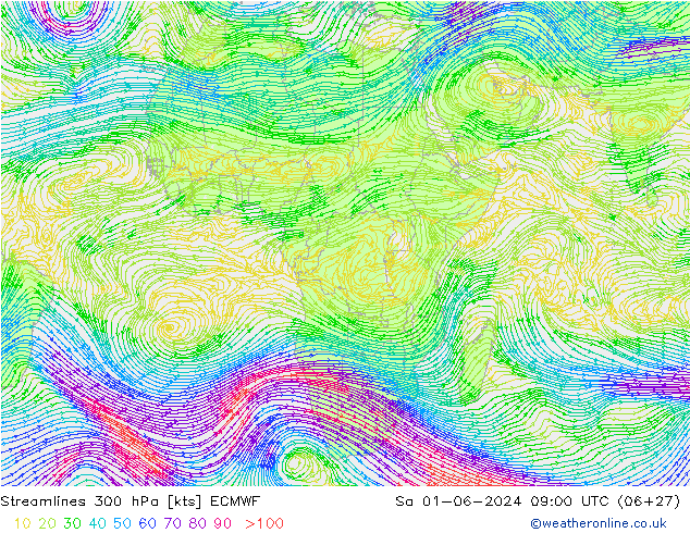 Streamlines 300 hPa ECMWF Sa 01.06.2024 09 UTC