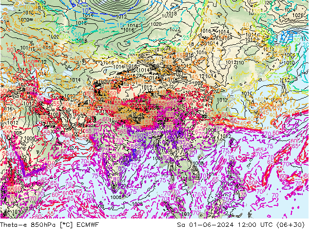 Theta-e 850hPa ECMWF sáb 01.06.2024 12 UTC