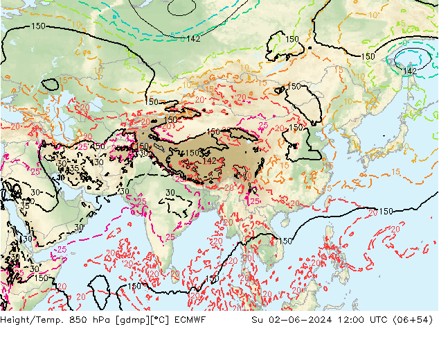 Hoogte/Temp. 850 hPa ECMWF zo 02.06.2024 12 UTC