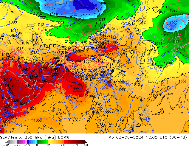 SLP/Temp. 850 гПа ECMWF пн 03.06.2024 12 UTC