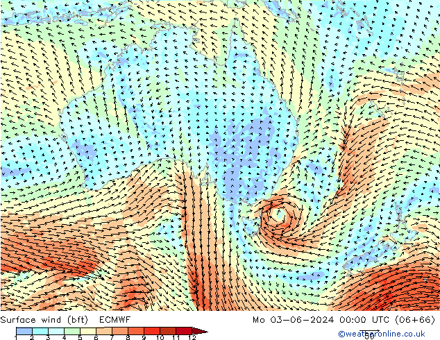 Wind 10 m (bft) ECMWF ma 03.06.2024 00 UTC