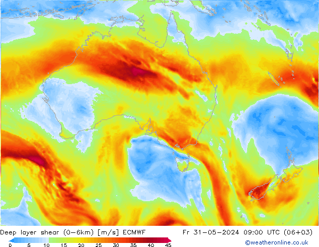 Deep layer shear (0-6km) ECMWF vr 31.05.2024 09 UTC