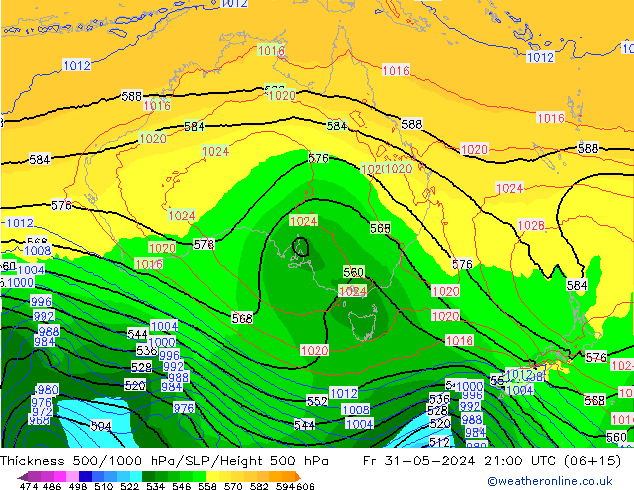 Dikte 500-1000hPa ECMWF vr 31.05.2024 21 UTC