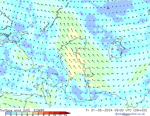 Surface wind (bft) ECMWF Pá 31.05.2024 09 UTC