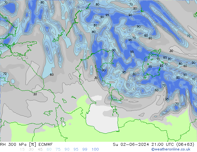 RH 300 hPa ECMWF Su 02.06.2024 21 UTC