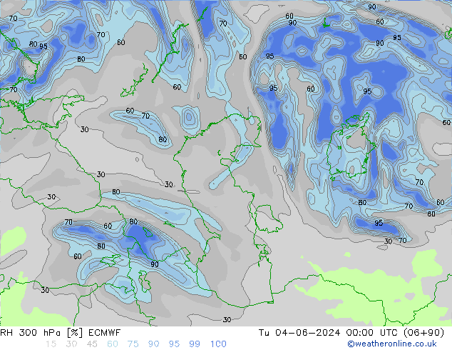 Humidité rel. 300 hPa ECMWF mar 04.06.2024 00 UTC