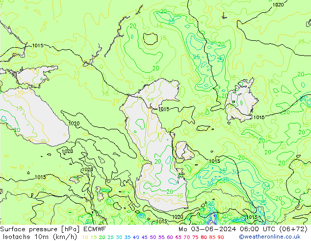 Isotachs (kph) ECMWF Mo 03.06.2024 06 UTC