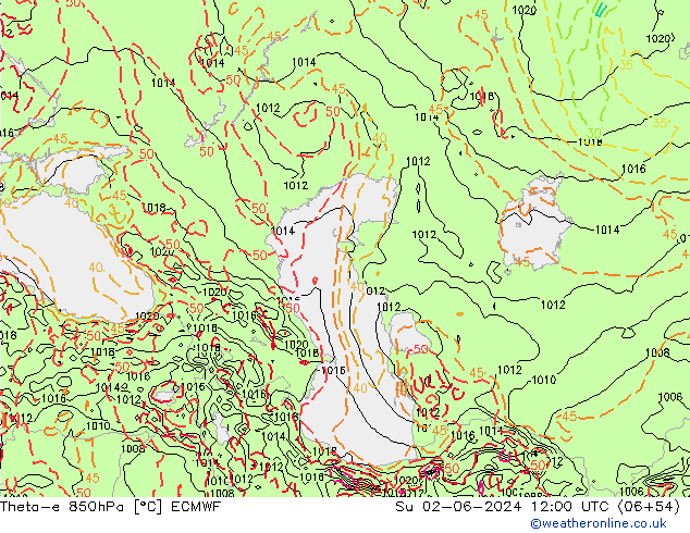 Theta-e 850hPa ECMWF Ne 02.06.2024 12 UTC