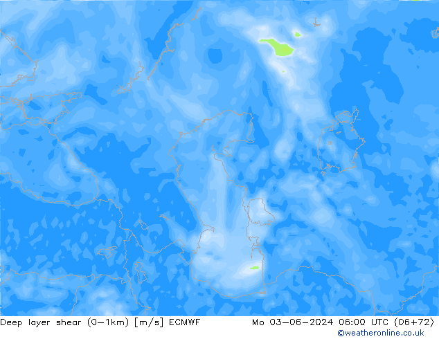 Deep layer shear (0-1km) ECMWF lun 03.06.2024 06 UTC