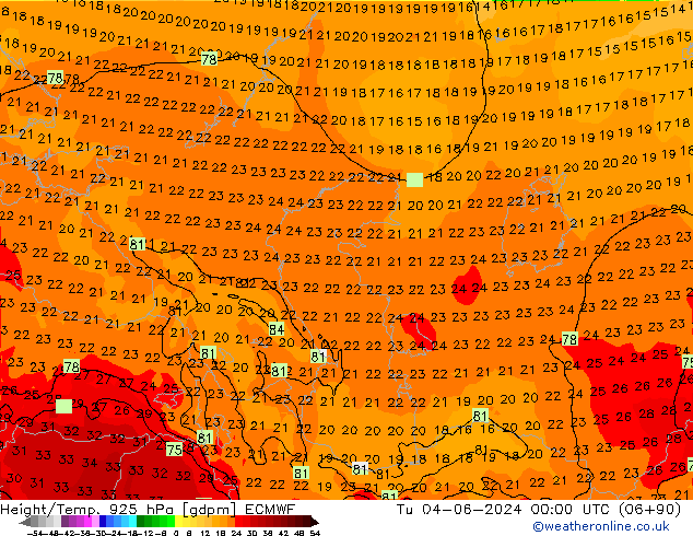 Yükseklik/Sıc. 925 hPa ECMWF Sa 04.06.2024 00 UTC