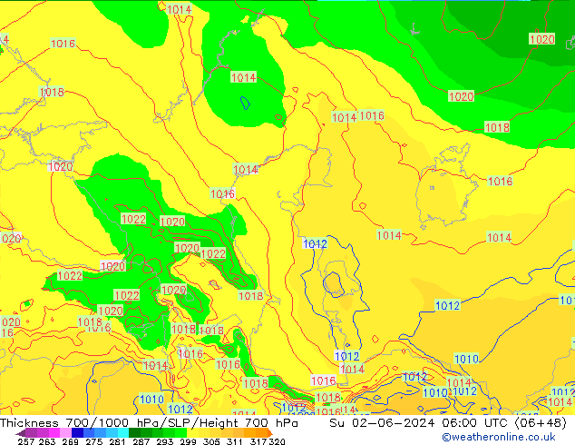 Thck 700-1000 hPa ECMWF Su 02.06.2024 06 UTC