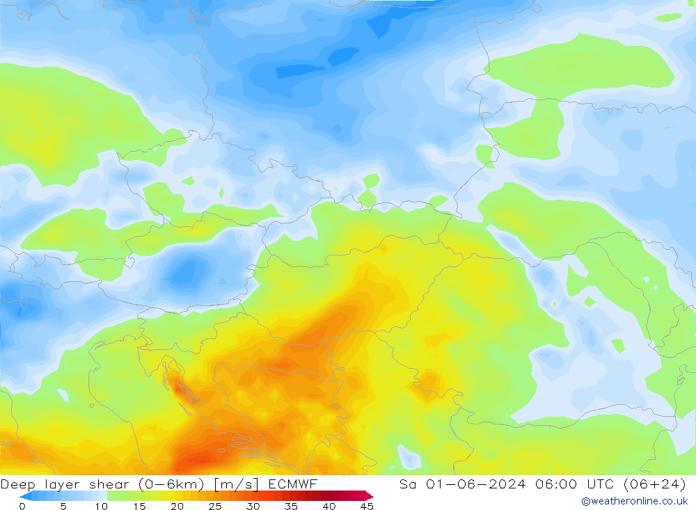 Deep layer shear (0-6km) ECMWF Sa 01.06.2024 06 UTC