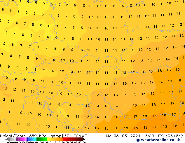 Geop./Temp. 850 hPa ECMWF lun 03.06.2024 18 UTC