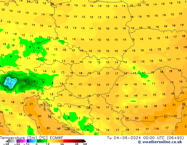 Temperatuurkaart (2m) ECMWF di 04.06.2024 00 UTC