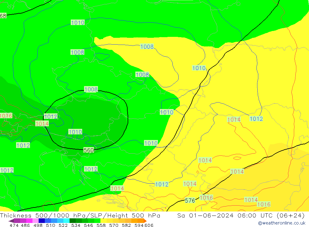 Espesor 500-1000 hPa ECMWF sáb 01.06.2024 06 UTC