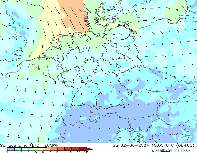 Vento 10 m (bft) ECMWF Dom 02.06.2024 18 UTC