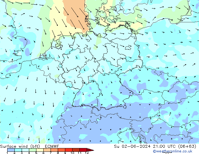 Rüzgar 10 m (bft) ECMWF Paz 02.06.2024 21 UTC