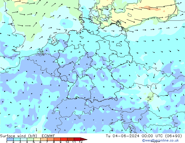 Surface wind (bft) ECMWF Tu 04.06.2024 00 UTC