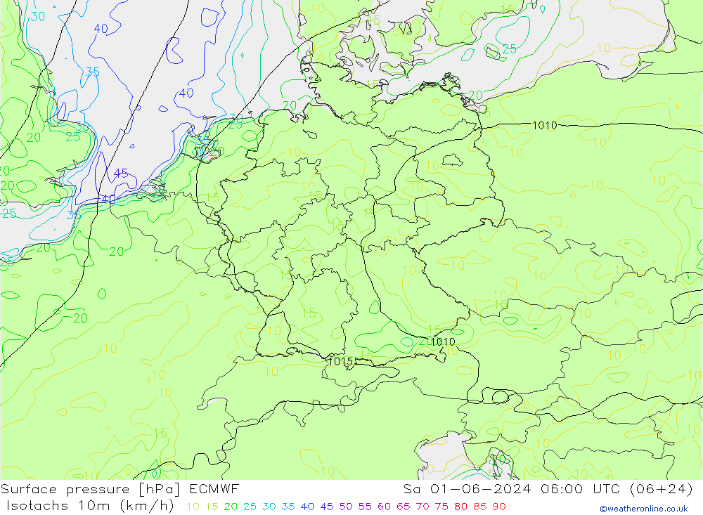 Isotachs (kph) ECMWF  01.06.2024 06 UTC