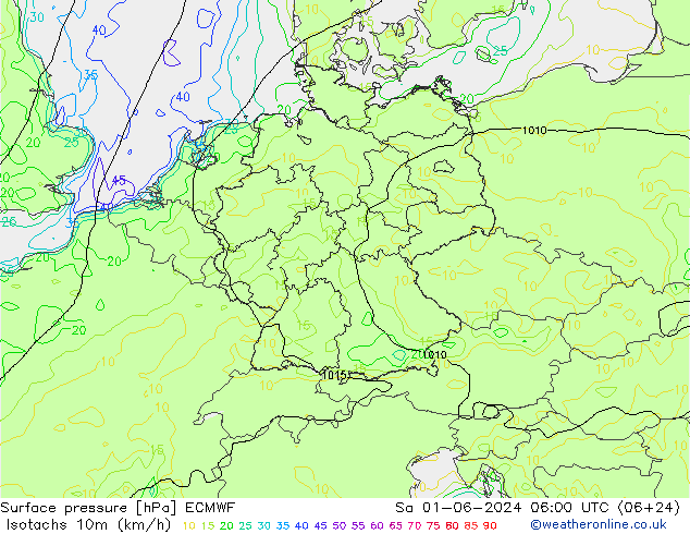 Isotachs (kph) ECMWF Sa 01.06.2024 06 UTC