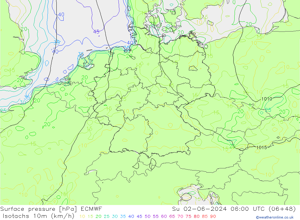 Isotachs (kph) ECMWF Su 02.06.2024 06 UTC